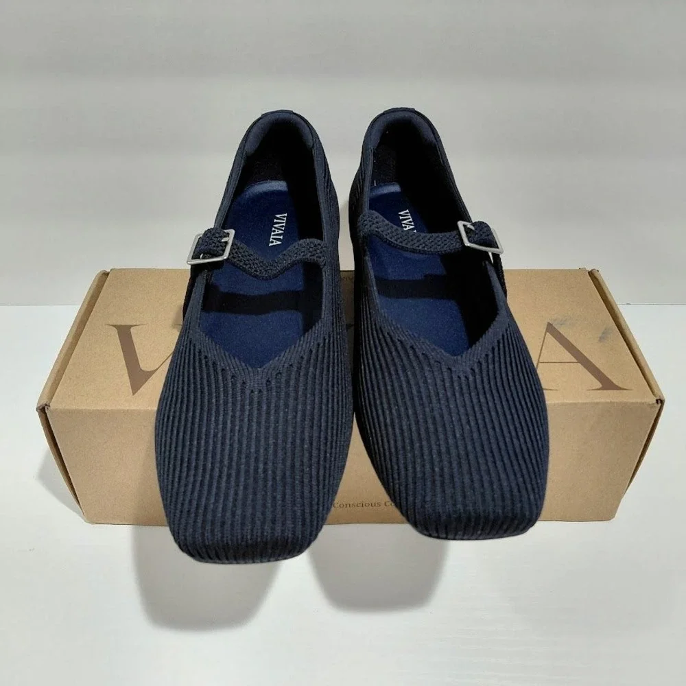 Vivaia Margot Mary Jane Flats Navy Blue Ribbed Knit Square Toe Sustainable 39.5 - Picture 13 of 13
